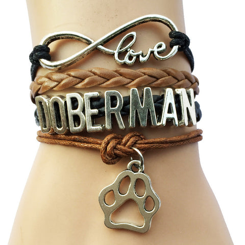 Infinity Love Doberman Leather Charm Bracelet