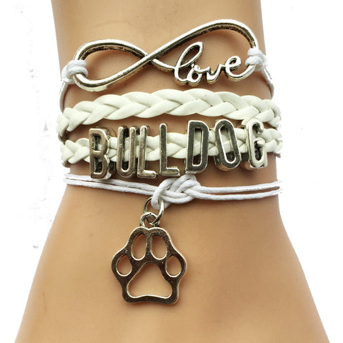 Handmade Leather Infinity Love Bulldog Charm Bracelet