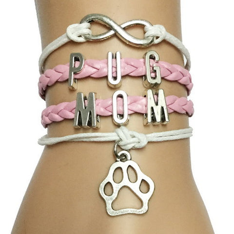 Infinity Pug Mom Leather Charm Bracelet