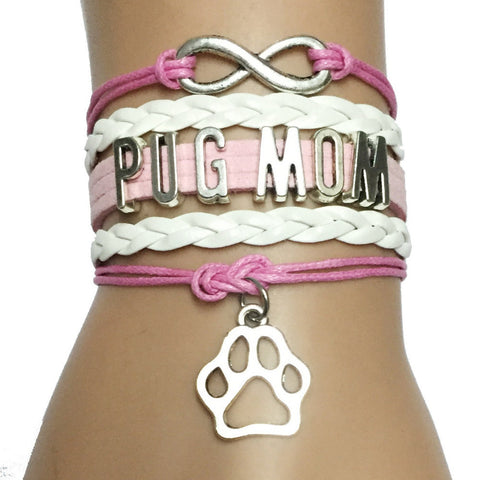 Infinity Pug Mom Leather Charm Bracelet