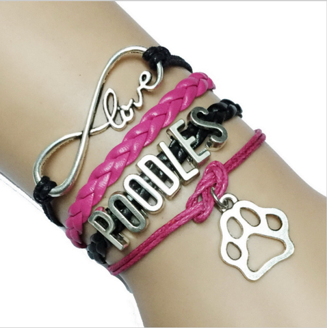 Infinity Love Poodles Leather Charm Bracelet
